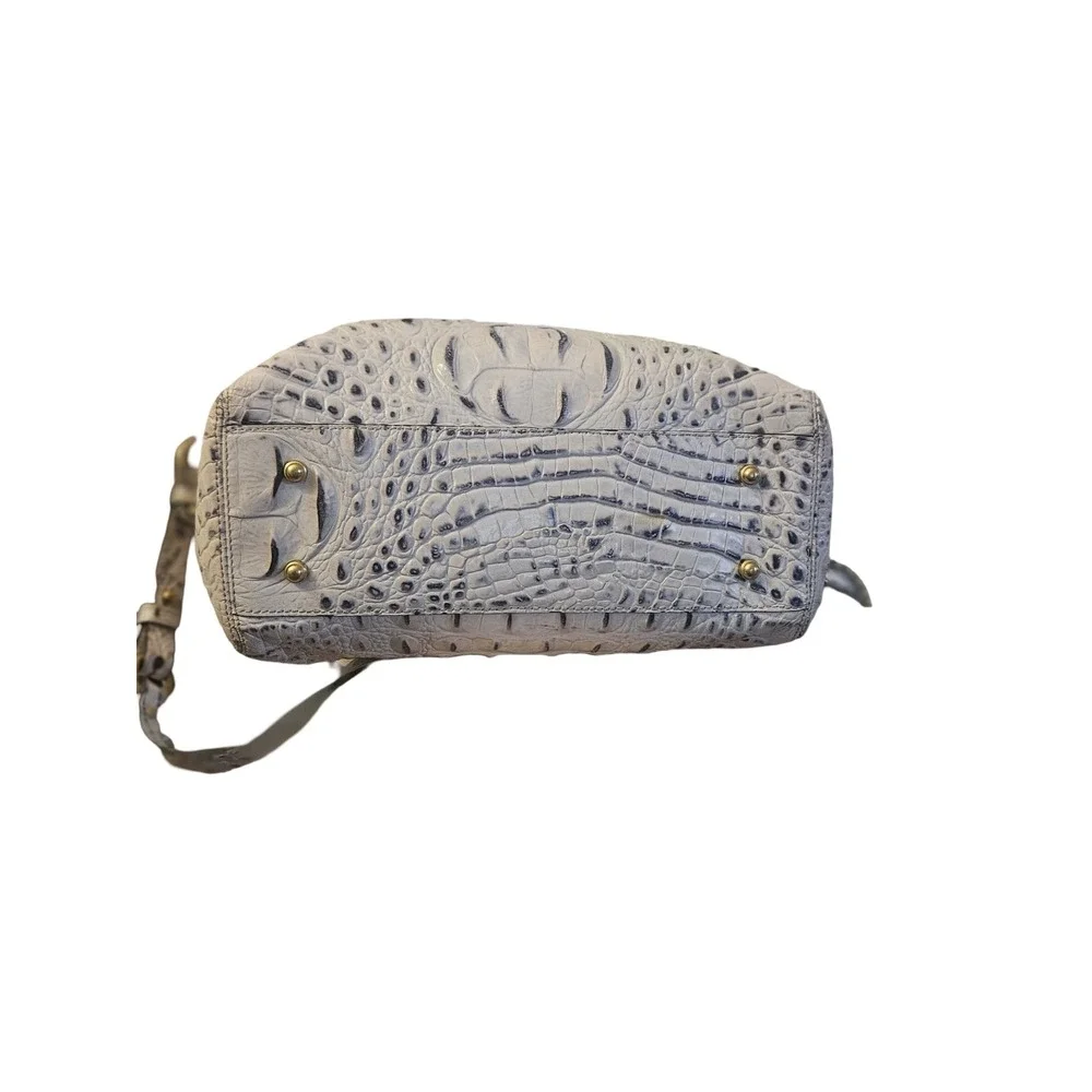 Brahmin Croc Embossed Leather Satchel Crossbody Bag Gray Cream Gold Hardware